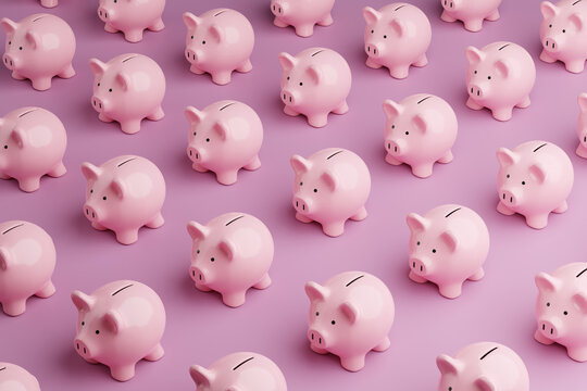 Array of pink piggy banks on pink background. Illustration of the concept of personal savings and financial investment