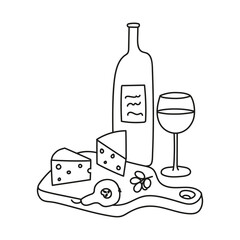 A bottle and a glass of wine. Wooden board with cheese and fruit. A hand-drawn monochrome vector illustration with space for text. Suitable for menu design, wine list. Logo, icon, postcard, poster.