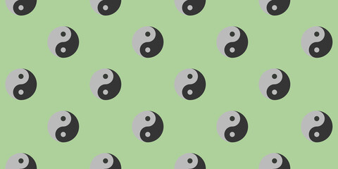 Seamless pattern. Image of Yin Yang symbol on pastel yellow green backgrounds. Symbol of opposite. Surface overlay pattern. Horizontal image. Banner for insertion into site. 3D image. 3D rendering.