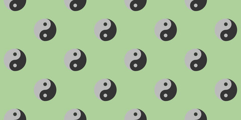 Seamless pattern. Image of Yin Yang symbol on pastel yellow green backgrounds. Symbol of opposite. Surface overlay pattern. Horizontal image. Banner for insertion into site. 3D image. 3D rendering.