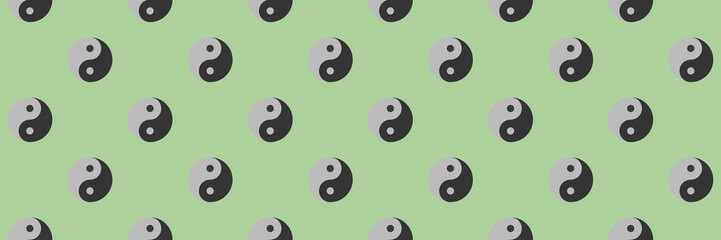 Seamless pattern. Image of Yin Yang symbol on pastel yellow green backgrounds. Symbol of opposite. Surface overlay pattern. Horizontal image. Banner for insertion into site. 3D image. 3D rendering.