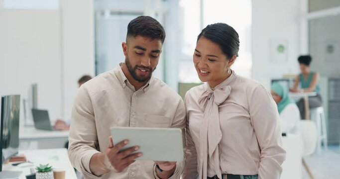 Talking business people, tablet and web design planning in coworking office with seo innovation, website ideas or logo branding vision. Smile, happy and creative designers on technology collaboration