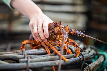 close up of a Catching live Lobster in America. lobster crayfish in Tasmania Australia. ready for...