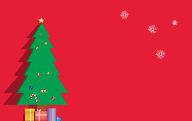Vector cartoon illustration of a cute  a Christmas tree with gifts on a red background