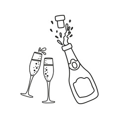 A pair of hand-painted glasses and a bottle of champagne. For birthday, New Year, Christmas, wedding, engagement. Doodle, vector illustration. A postcard, a package, a badge, an invitation to a party.