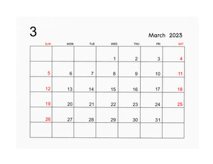 A March 2023 Calendar page isolated on white background, Saved clipping path.