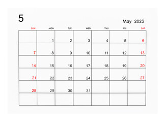 A May 2023 Calendar page isolated on white background, Saved clipping path.