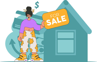 The concept of owning a home. Real estate realtor girl holding a house in her hands.