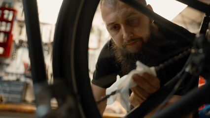 Bicycle mechanic cleaning bike chain with tissue