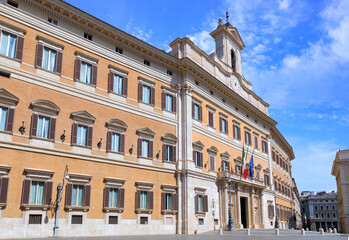 Facade of Montecitorio Palace (Palazzo Montecitorio) in Rome: it's the seat of the Chamber of...