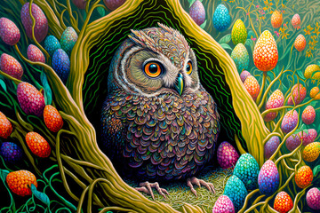 Adorable baby owl and colored Easter eggs Flowery Meadow