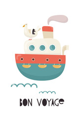 Obraz premium Nautical Nursery Wall Art Cute Poster with Cartoon Ship