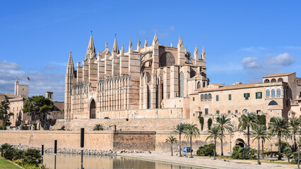 Palma de Mallorca, Spain - 7 Nov 2022: Exterior of Palma Cathedral, or Seo, from the sea front promenade