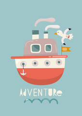 Nautical Nursery Wall Art Cute Poster with Cartoon Ship and Seagull