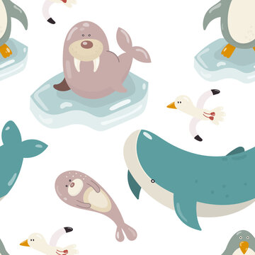 Nautical Kids Seamless Pattern with Arctic Sea Creatures