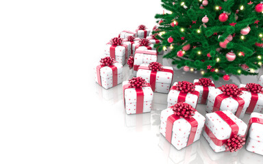 Gift boxes and Decorated Christmas tree with sparkling light garland, balls and stars isolated on white background