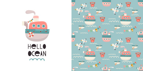 Fototapeta na wymiar Nautical Print Card and Seamless Pattern for Kids Fabric