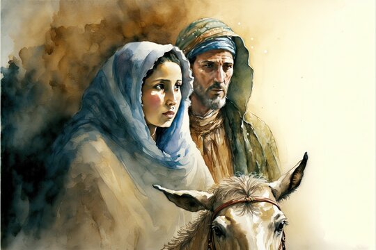 Fantasy Religious Illustration Of Pregnant Virgin Mary And Joseph Traveling To Bethlehem Before Christmas In The First AD. Bible Story Of Couple's Journey From Nazareth In Spiritual Art. Generative Ai