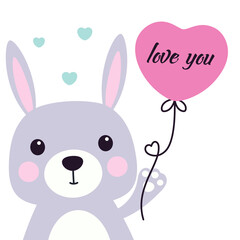 greeting card of cute rabbit with balloon heart