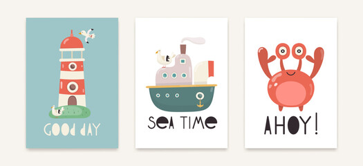 Nautical Nursery Wall Art Posters Set with Cute Cartoon Ship, Lighthouse and Funny Crab