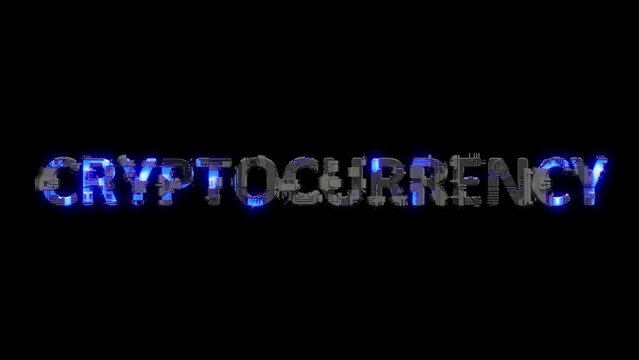 scrap metal cyber punk text CRYPTOCURRENCY with electrical light and animated surface, isolated - loop video