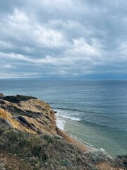 Cloudy sea view, dark clouds at the sea, rocky coast