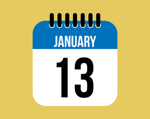 13 January day calendar icon. Blue calendar vector on yellow background for January days. Sheet design for reminder and special dates