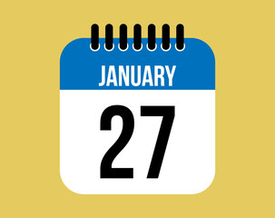 27 January day calendar icon. Blue calendar vector on yellow background for January days. Sheet design for reminder and special dates