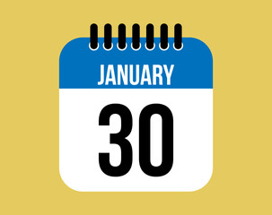 30 January day calendar icon. Blue calendar vector on yellow background for January days. Sheet design for reminder and special dates