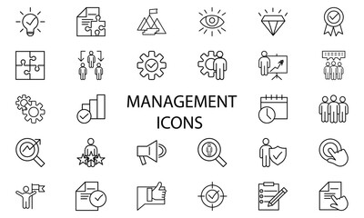 Business Management Outline Icon Collection. Thin Line Set contains such Icons as Vision, Mission, Values, Human Resource, Experience and more.