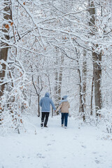 Running in a winter forest with a couple in love