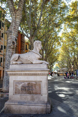 Palma de Mallorca, Spain - 7 Nov, 2022: Sphinx statue on the Paseo del Born avenue
