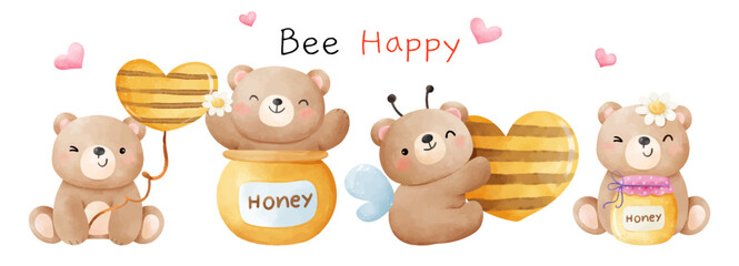Draw banner cute bear  with honey bee for spring and summer