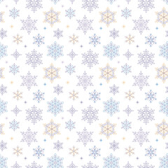 Snowflake simple seamless pattern. Colorful snow on blue background. Repeating winter symbol, Merry Christmas holiday