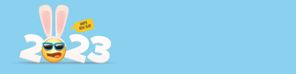 2023 Happy new year horizontal banner with funny smile face with rabbit ears and sunglasses isolated on blue background. 2023 new year banner, poster, flyer, cover with funny cute rabbit