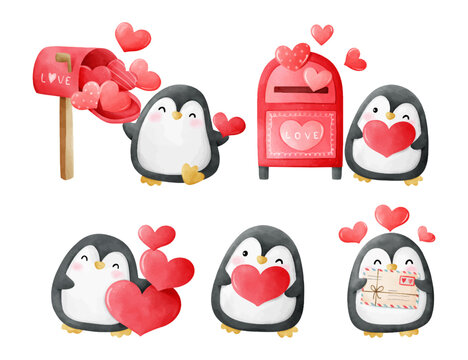 Draw cute penguins with red heart for valentine day