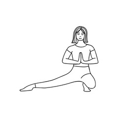 Doodle illustration of woman doing yoga exercise in front view. A girl doing leg stretching exercise of yoga hand drawn illustration in vector.