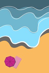 Handmade illustration seen from above of a seashore during a summer day with a towel and umbrella on the sand.