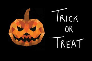 Halloween pumpkin in polygonal art on a black background with the text "Trick or treat".