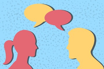 handmade illustration of two silhouettes of male and female profiles with speech bubbles, on blue background. Concept of conversation, dialogue, friendship or business.