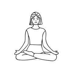 Doodle illustration of woman doing yoga exercise in front view. Young woman doing relaxing yoga meditation exercise hand drawn illustration in vector.