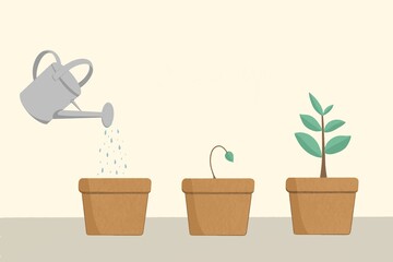Digital handmade illustration of pots showing the growth of a plant with a watering can.