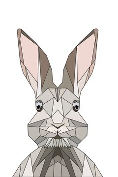 Polygonal art illustration of a gray rabbit's face in white background.