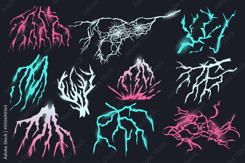 Fototapete lightning isolated graphic elements set in flat design. bundle of flash lights of rain or thundersto