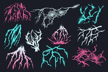 Lightning isolated graphic elements set in flat design. Bundle of flash lights of rain or thunderstorm, colorful energy sparks in night sky of different shapes, electrical effect. Illustration.