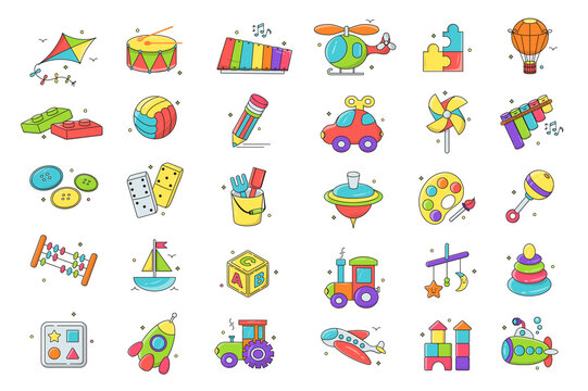 Kids toys isolated graphic elements set in flat design. Bundle of kite, drum, xylophone, helicopter, puzzles, balloon, constructor, ball, pencil, car, buttons, dominoes and other. Illustration.