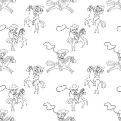 Cowboy and cowgirl on the horse. Vector cartoon outline children illustration. Coloring page for kids.