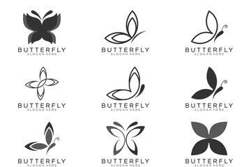 Butterfly continuous line drawing elements set isolated on white background. Vector illustration.