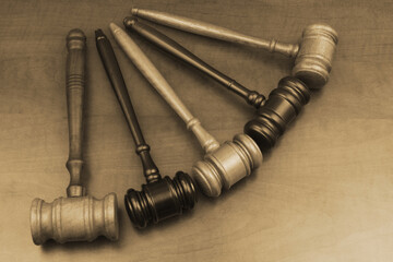 Wooden judge gavels on table, top view. Courts and laws, different courts decisions concept.