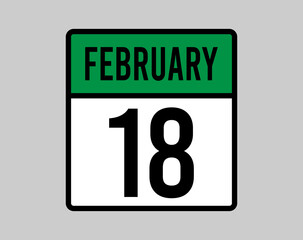 18 February day calendar page. Vector for February days in green calendar icon. Design of the month on light background